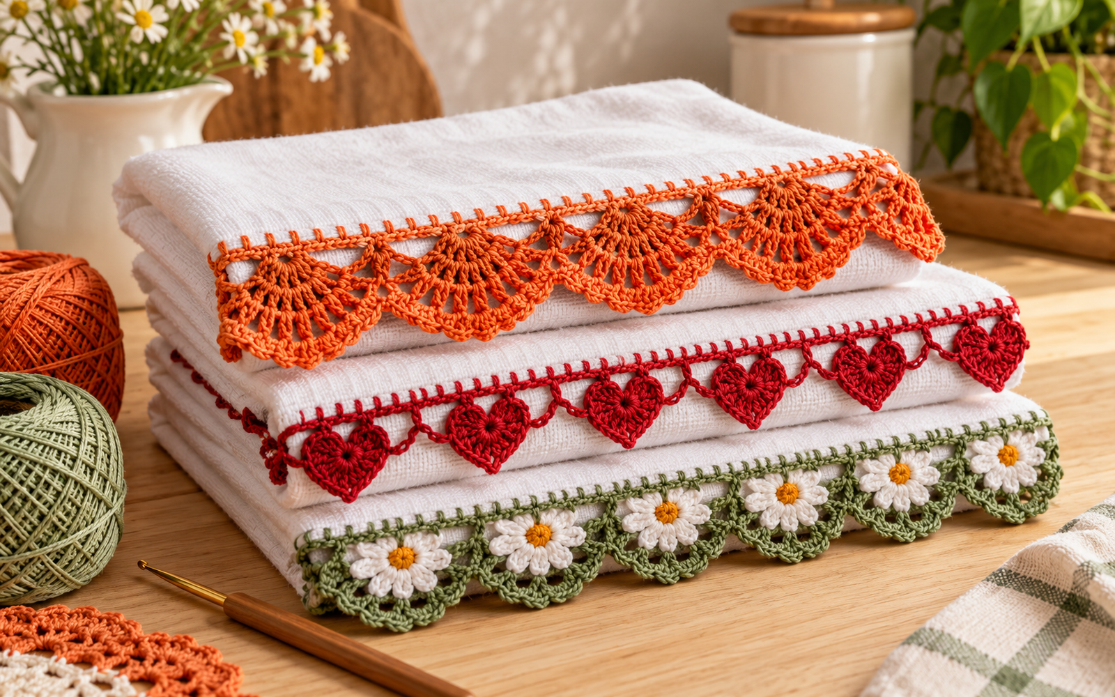 Mesa de madeira clara com uma pilha de panos de prato brancos dobrados, cada um com um bico de crochê de cor diferente — leque, coração e margarida — novelos de linha e agulha de crochê ao lado