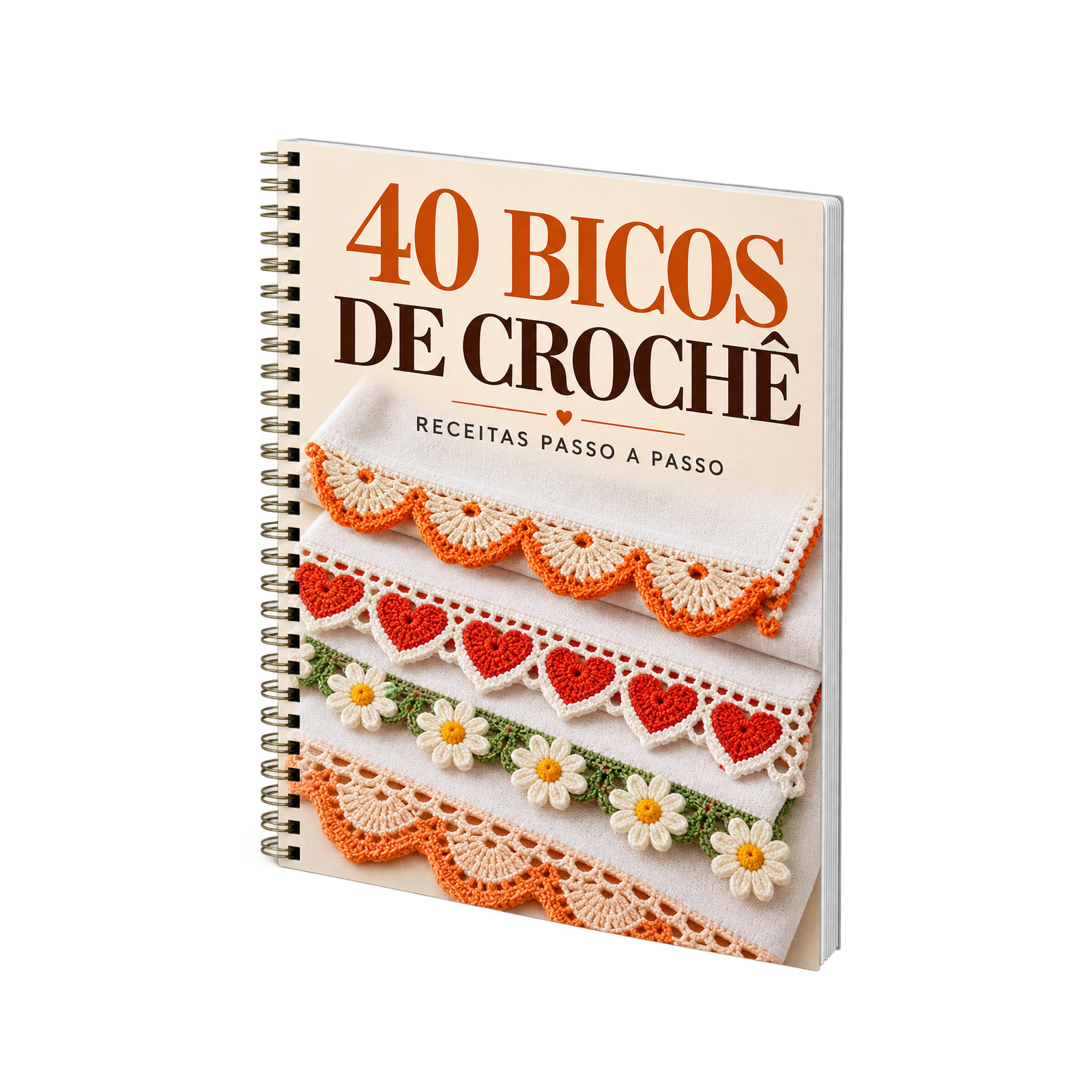 Apostila das 40 receitas de bicos de crochê para pano de prato, representando o material digital do Kit Completo